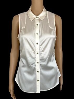NWT Cache Ivory Silk Stretch Sleeveless Top Button Front Size M